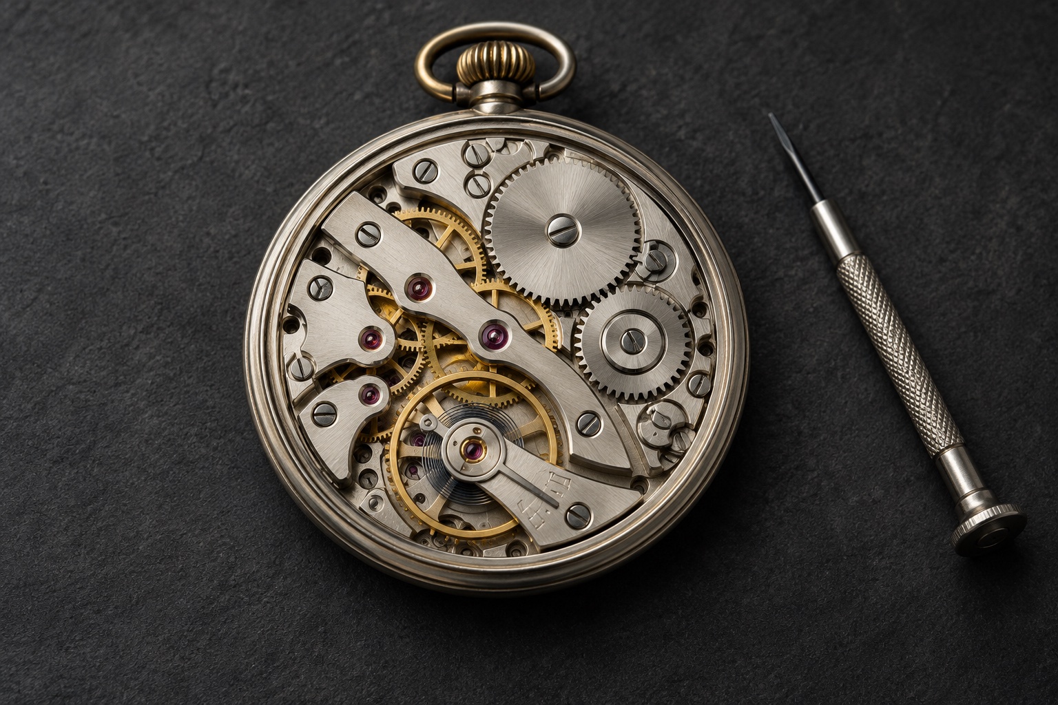 Illustrative studio study of a mechanical pocket watch movement and a watchmaker’s screwdriver